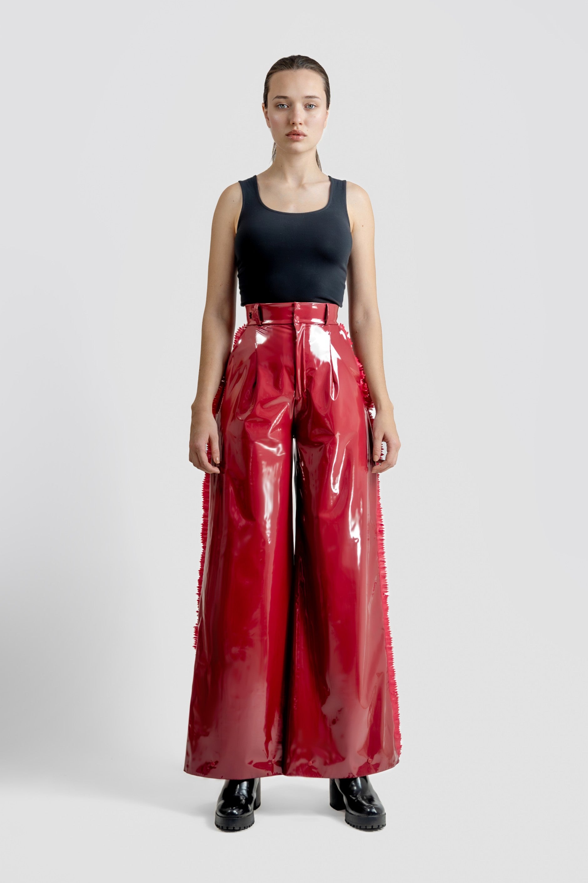 Wide Leg Flare Fringe Latex Look Pants Burgundy TACRAI