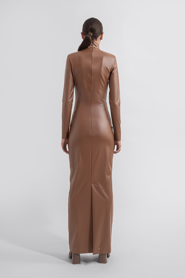 Faux Leather Bodycon Dress - Caramel Brown