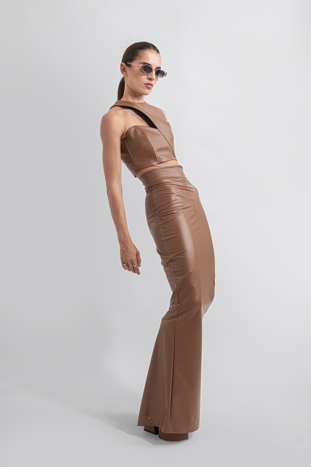 Asymmetric Vegan Leather Crop Top - Caramel Brown