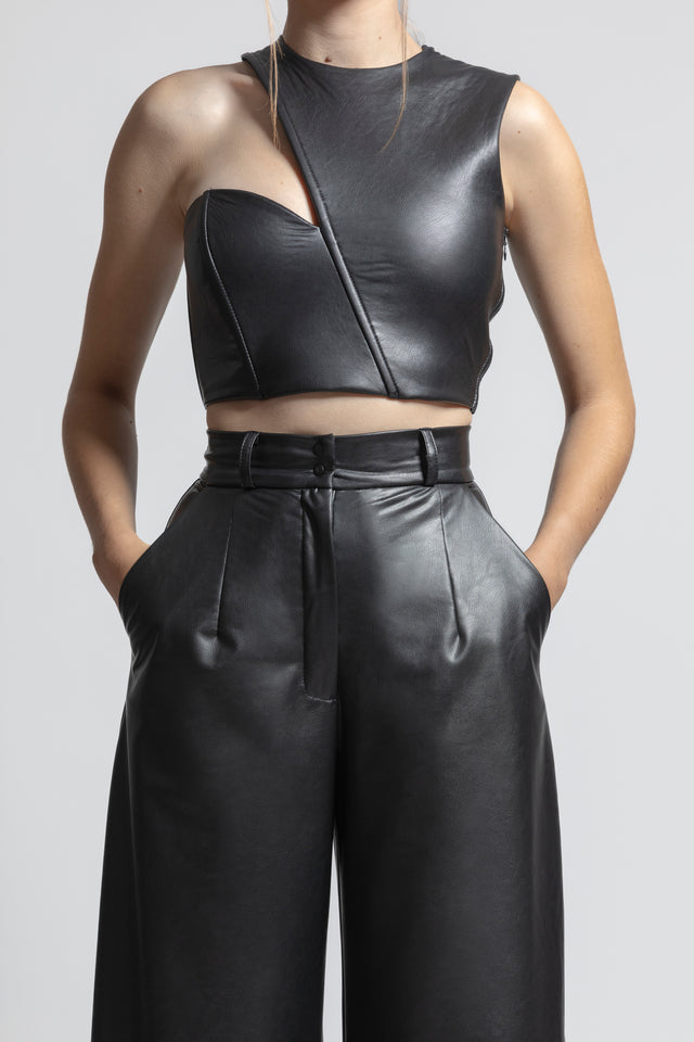Asymmetric Faux Leather Crop Top - Black