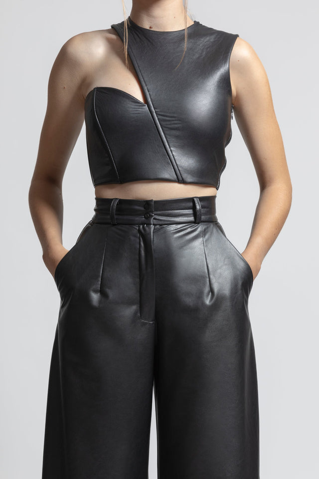 Asymmetric Latex Look Crop Top - Black