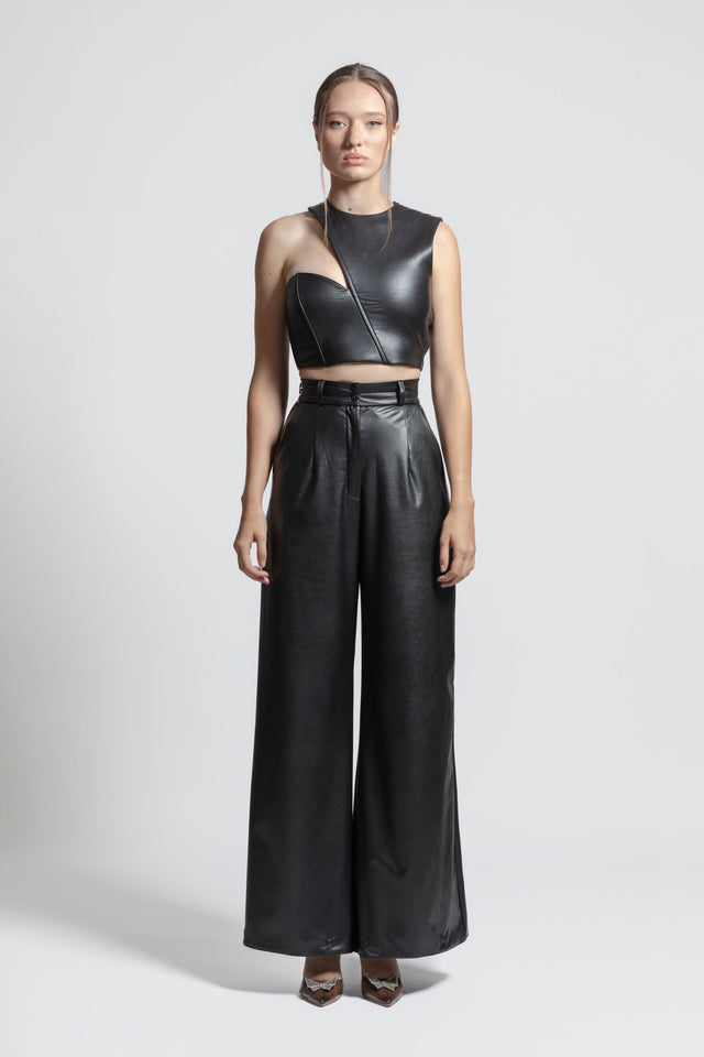 Asymmetric Latex Look Crop Top - Black