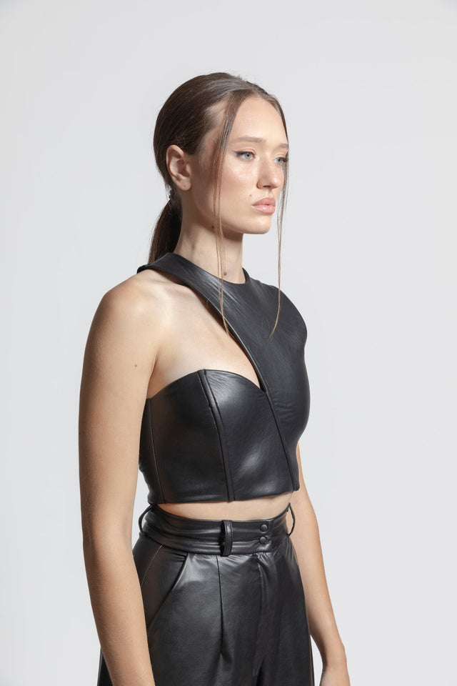 Asymmetric Latex Look Crop Top - Black