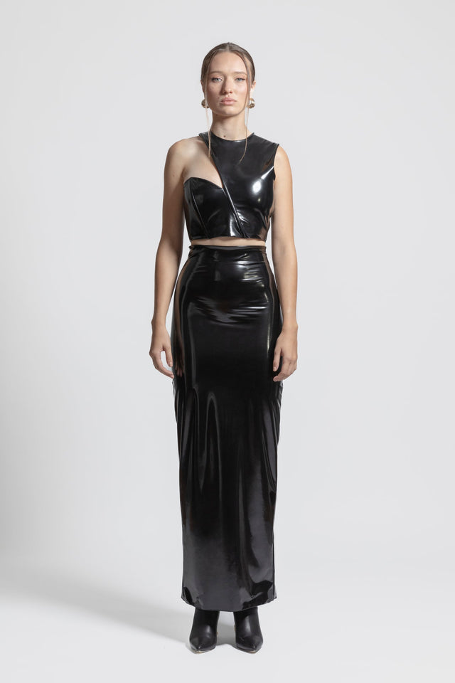 Asymmetric Latex Look Crop Top - Black