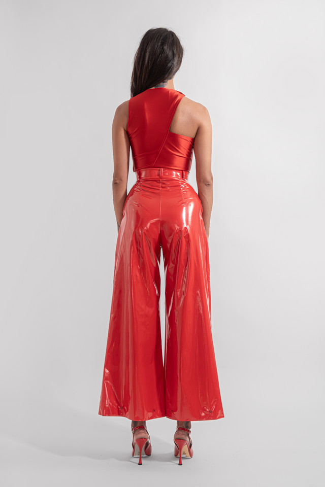 Asymmetric Latex Look Crop Top - Red