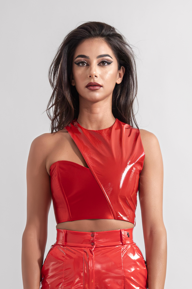 Asymmetric Latex Look Crop Top - Red