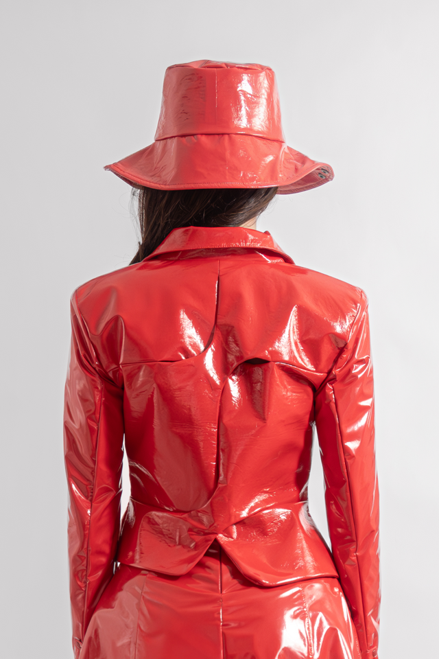 Asymmetric Latex Look Blazer - Red