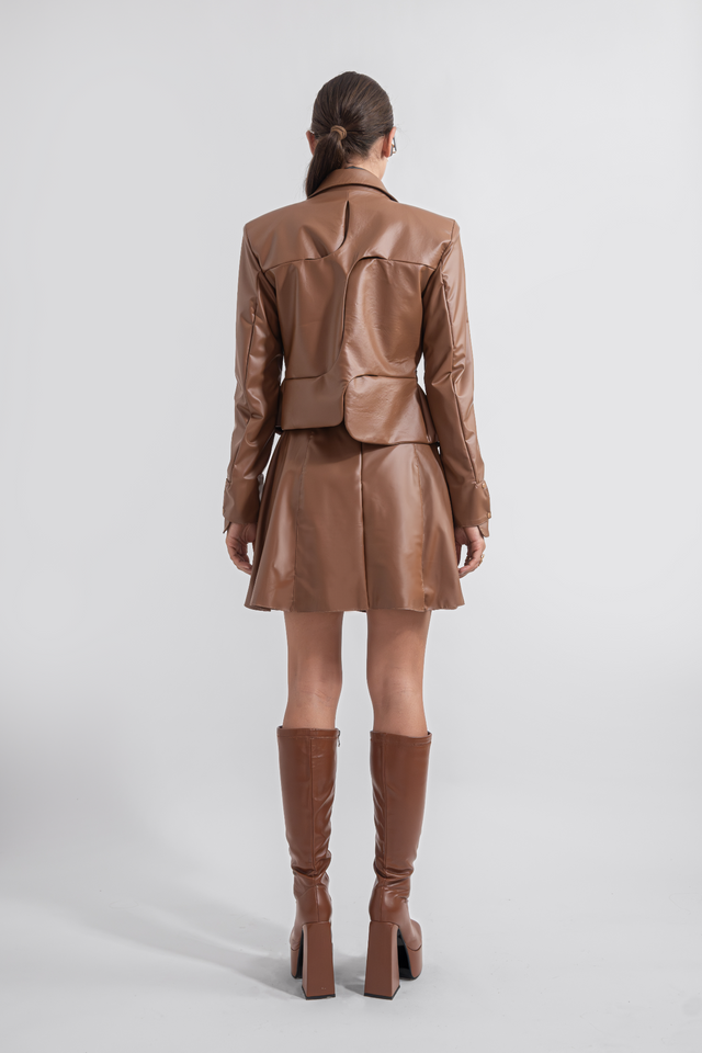 Asymmetric Faux Leather Blazer - Caramel Brown