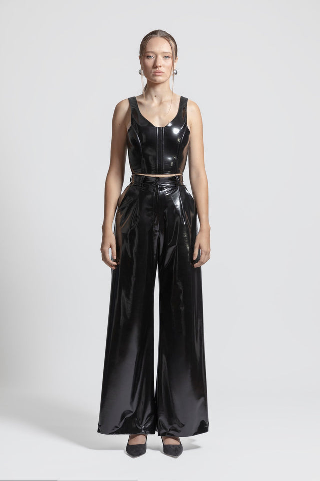 Bardot Crop Top Latex Feel - Black