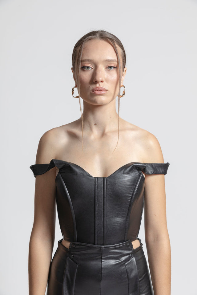 Bardot Crop Top Latex Feel - Black