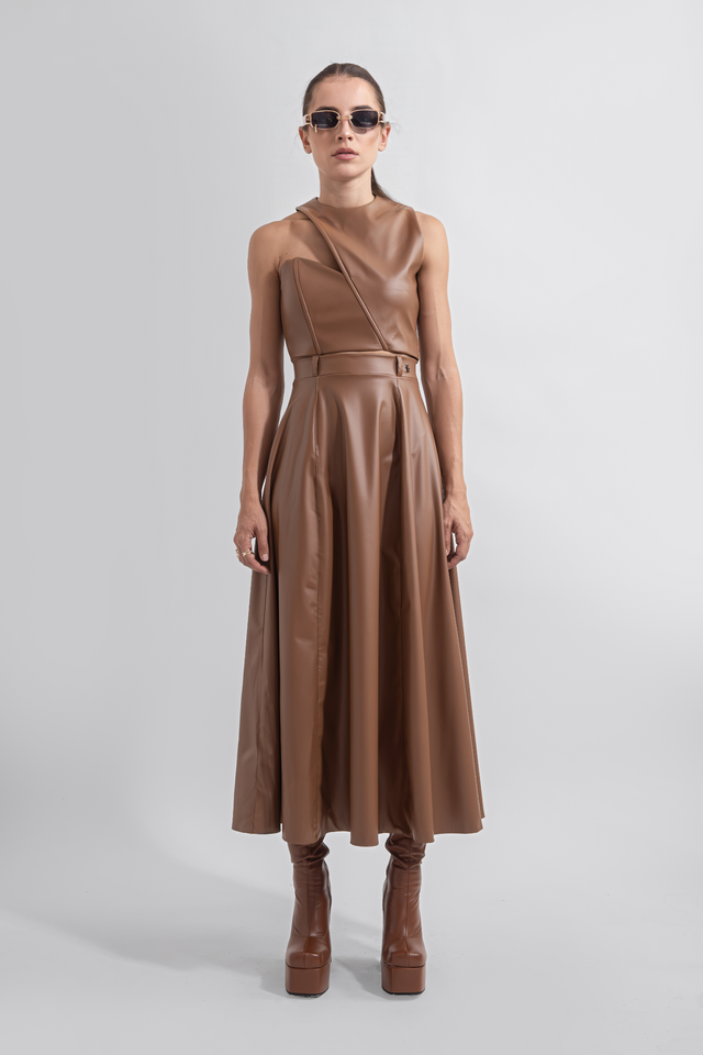 Circular Skirt Vegan Leather - Caramel Brown