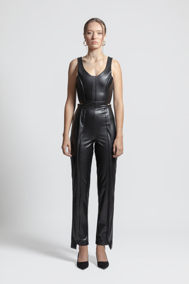 High Waist Trousers Faux Leather - Black