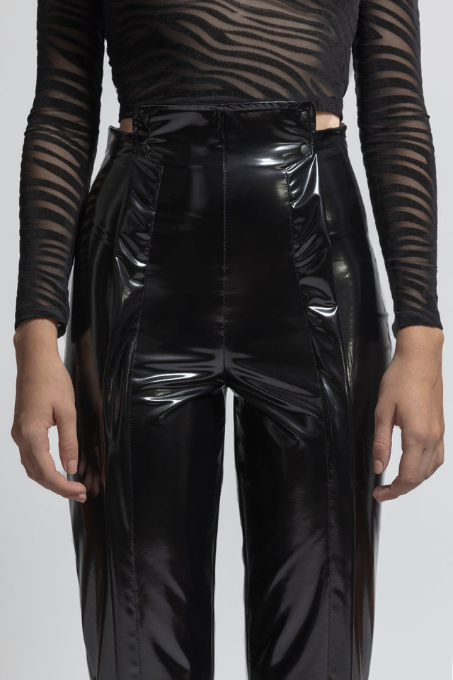 High Waist Trousers Faux Leather - Black