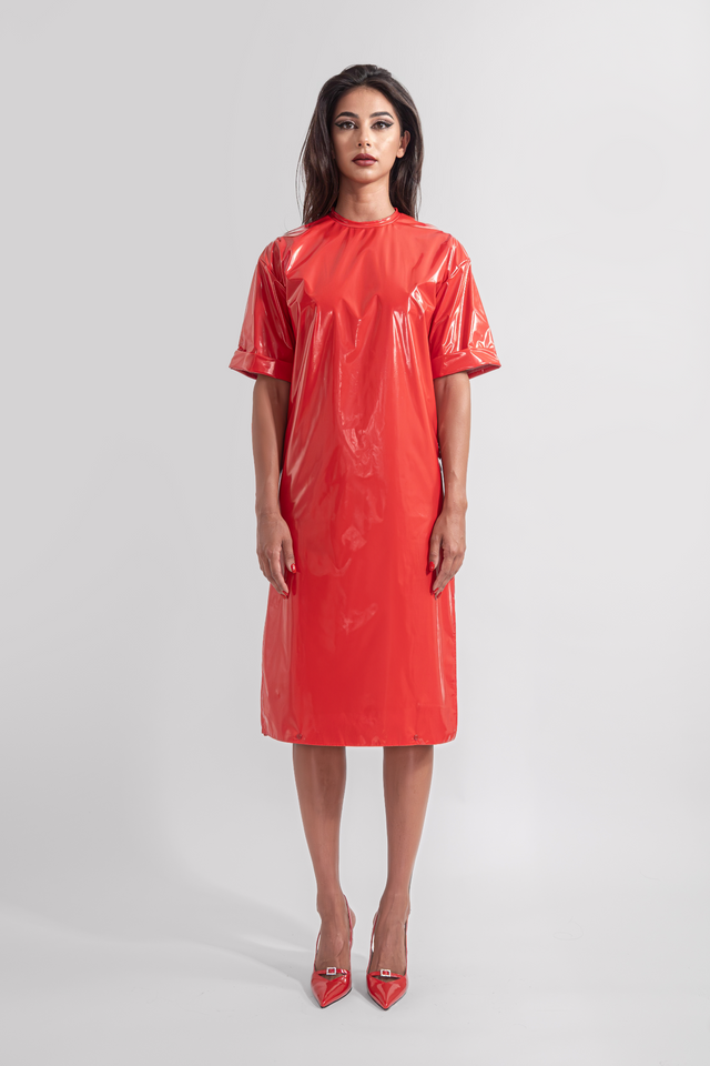 Latex Look T-shirt Dress - Red