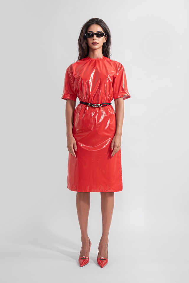 Latex Look T-shirt Dress - Red