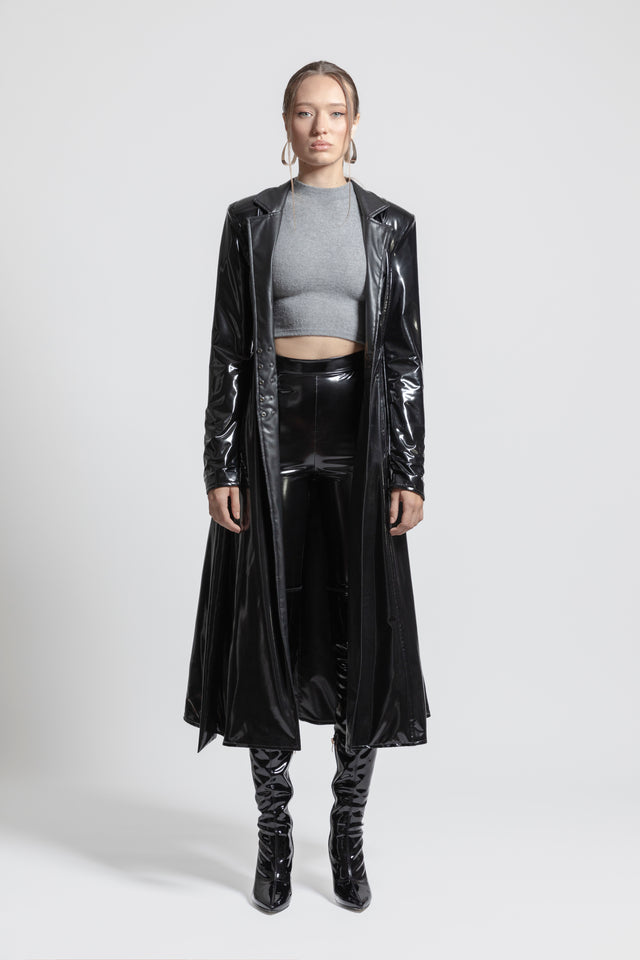 Reversible Latex Look & Vegan Leather Trench Coat - Black