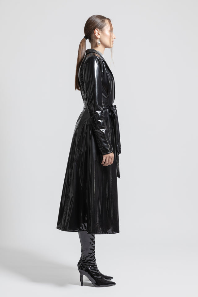Reversible Latex Look & Vegan Leather Trench Coat - Black