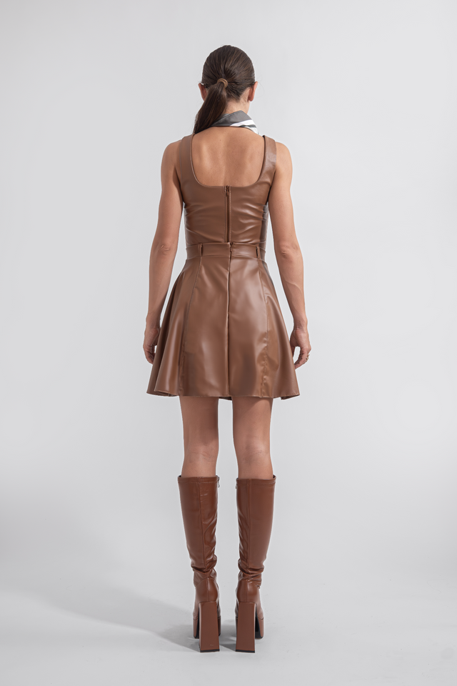 Short Circular Skirt Vegan Leather - Caramel Brown