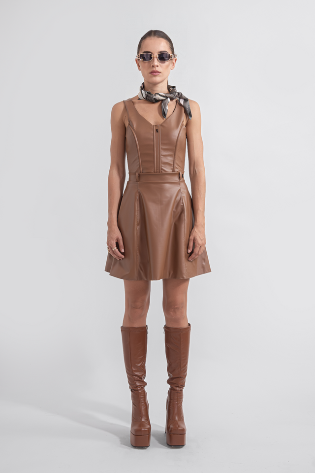 Short Circular Skirt Vegan Leather - Caramel Brown