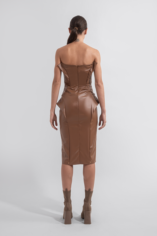 Strapless Faux Leather Dress - Caramel Brown