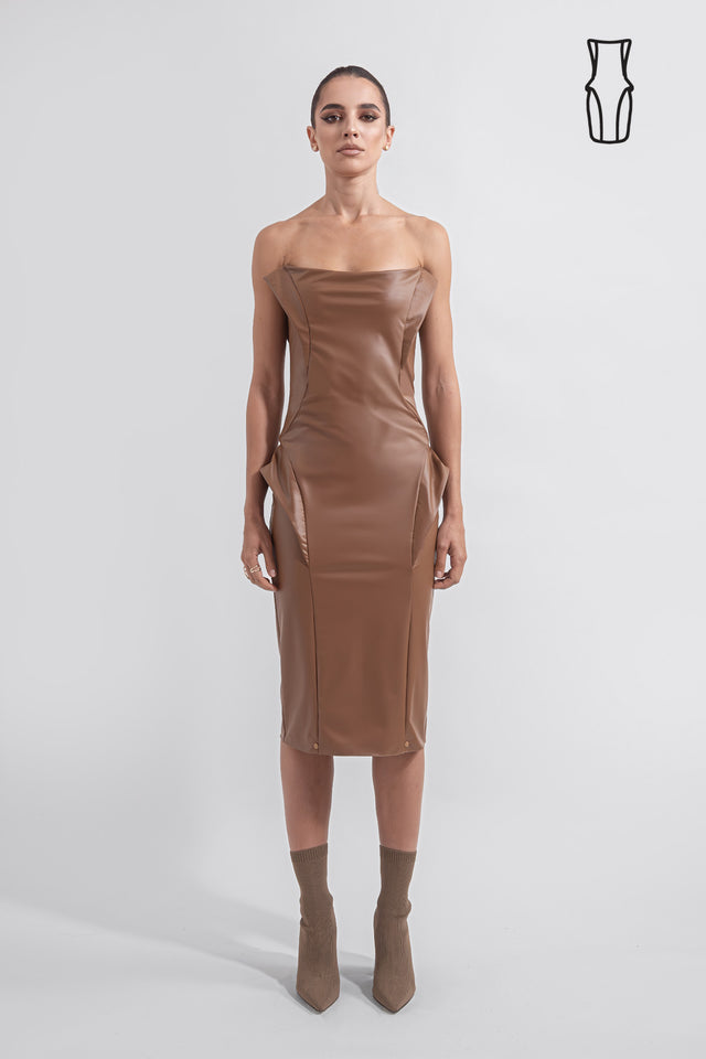 Strapless Faux Leather Dress - Caramel Brown