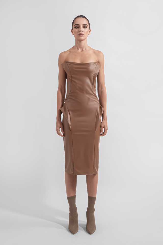 Strapless Faux Leather Dress - Caramel Brown