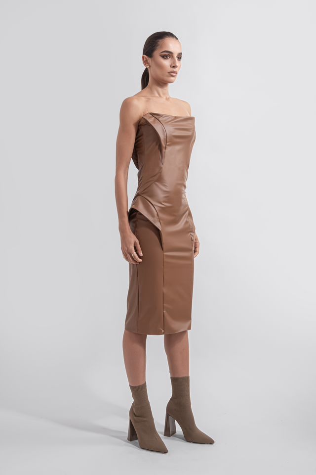 Strapless Faux Leather Dress - Caramel Brown