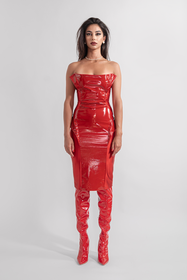 Strapless Latex Look Dress - Red