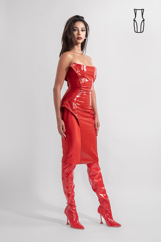 Strapless Latex Look Dress - Red