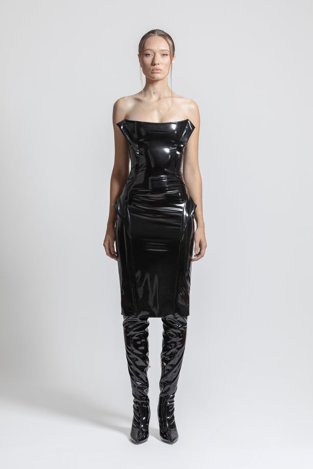 Strapless Faux Leather Dress - Black