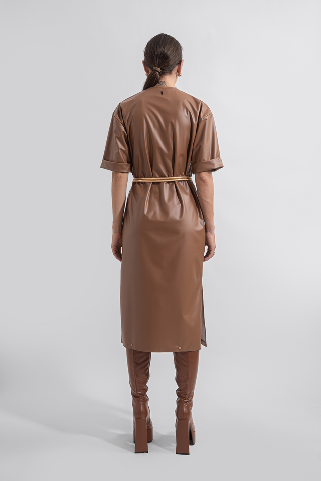 vegan_leather_t-shirt_dress_back_light_brown