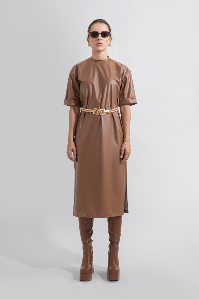 vegan_leather_t-shirt_dress_front_light_brown