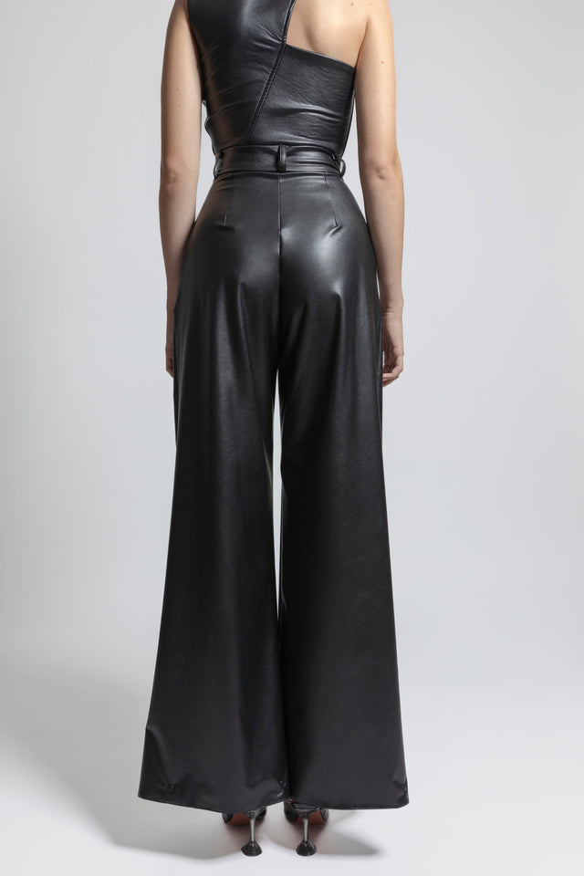 Wide Leg Flare Latex Look Pants - Black