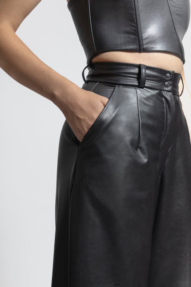 Wide Leg Flare Latex Look Pants - Black