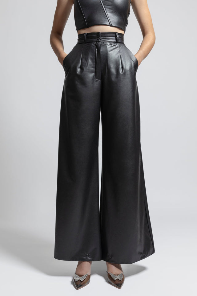 Wide Leg Flare Latex Look Pants - Black